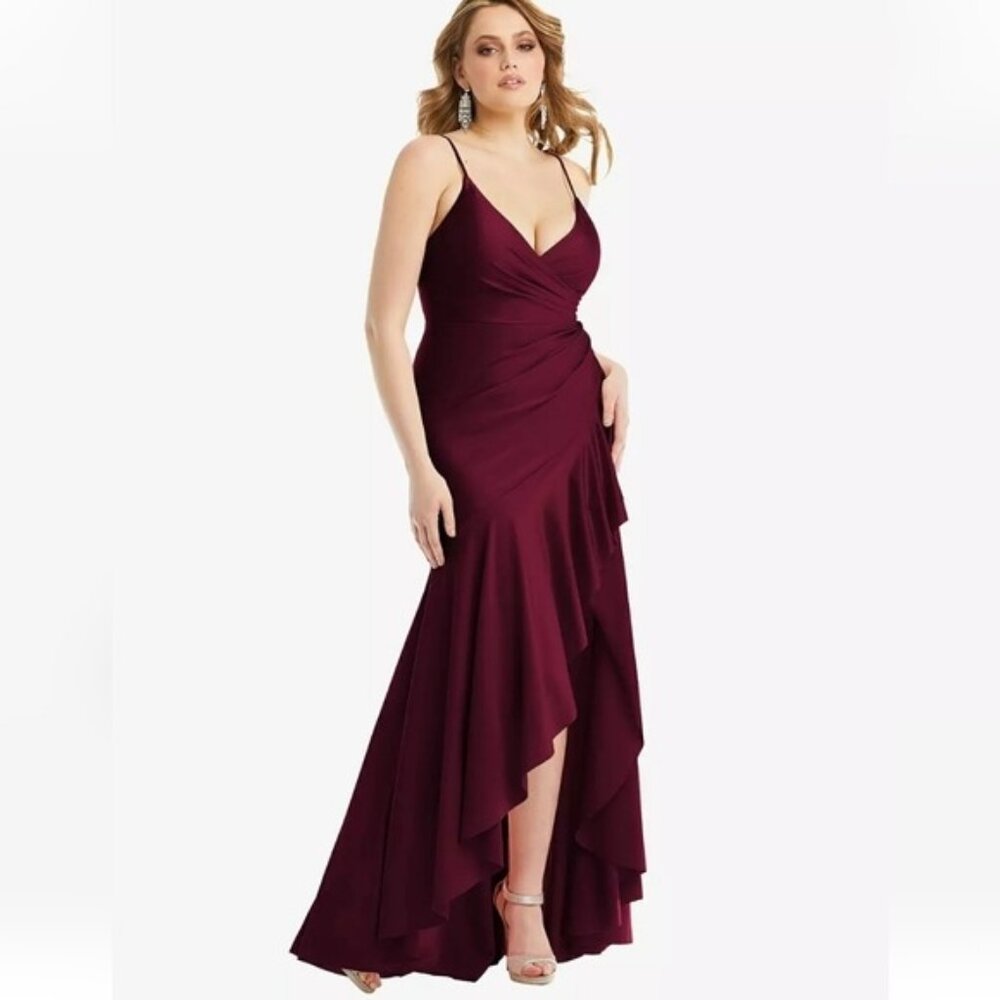 Cynthia & Sahar Pleated Wrap Ruffled Hi Low Stretch Satin Gown XXL New Flaw